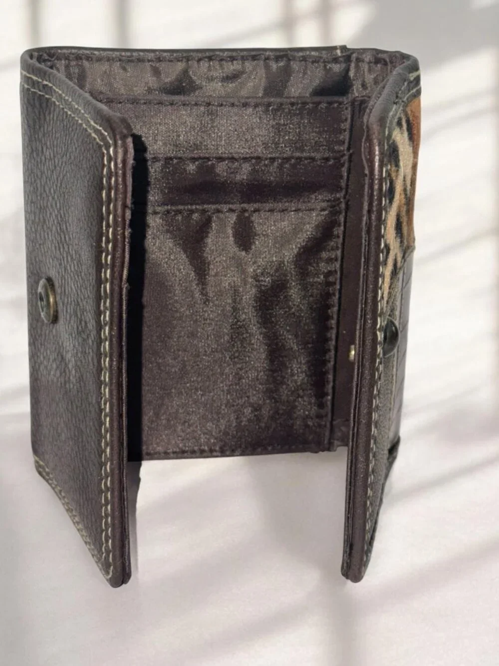Patchwork Leopard Print Leather Tri-Fold Wallet With Snap Closure & Zipper Pocke